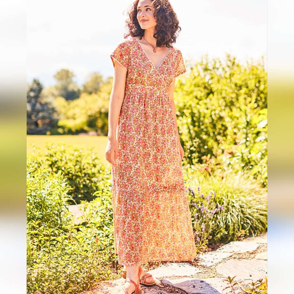 April Cornell Brooke Hostess Dress Pink Floral Short Sleeve Midi Maxi Dress